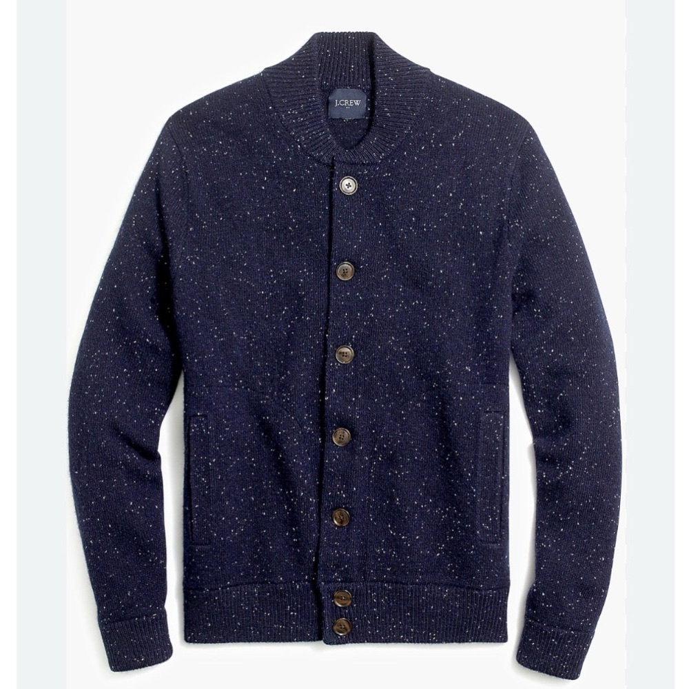 J.Crew Factory Men’s Navy Donegal Bomber Speckled Lamb’s Wool Cardigan - Picture 1 of 5